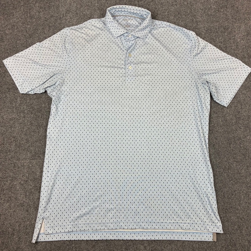 Johnnie-O Mens Size Large Blue White Dot AOP Performance Short Sleeve Polo Shirt
